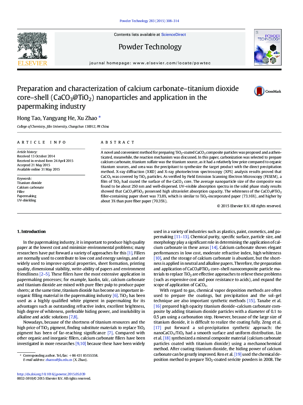 Preparation and characterization of calcium carbonate–titanium dioxide core–shell (CaCO3@TiO2) nanoparticles and application in the papermaking industry