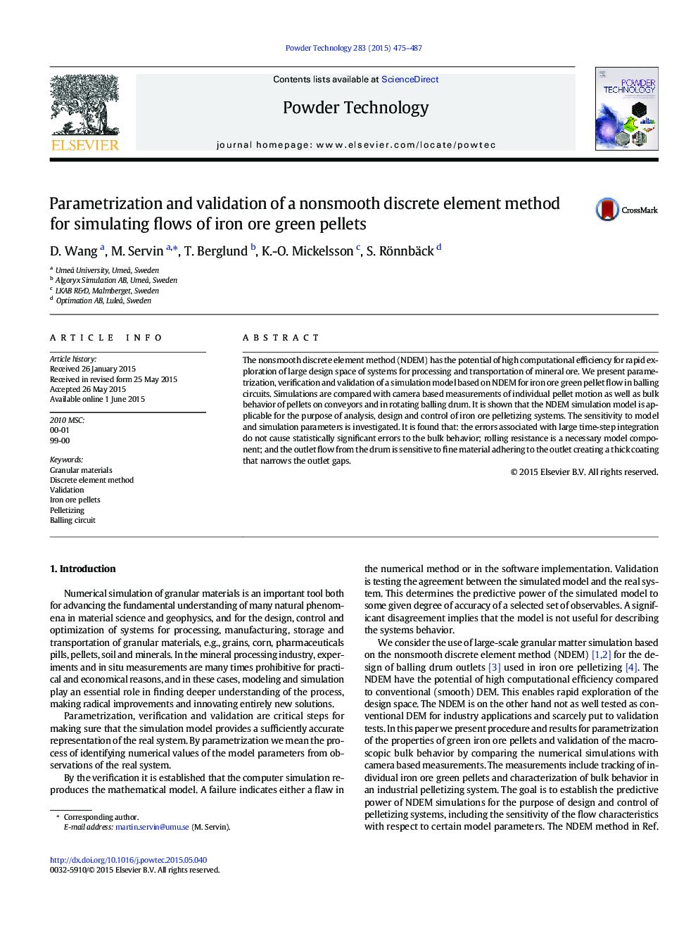 Parametrization and validation of a nonsmooth discrete element method for simulating flows of iron ore green pellets