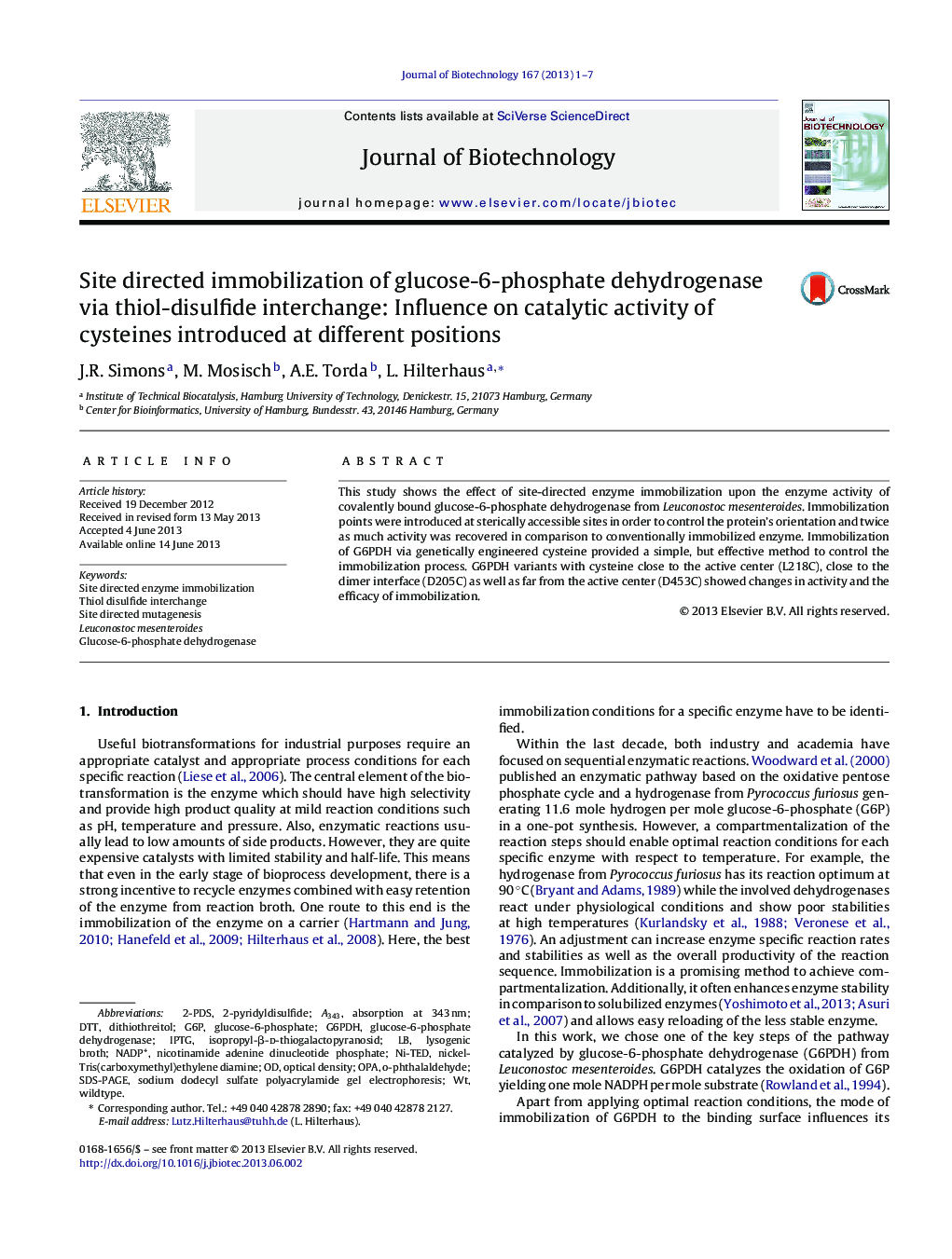 Site directed immobilization of glucose-6-phosphate dehydrogenase via thiol-disulfide interchange: Influence on catalytic activity of cysteines introduced at different positions