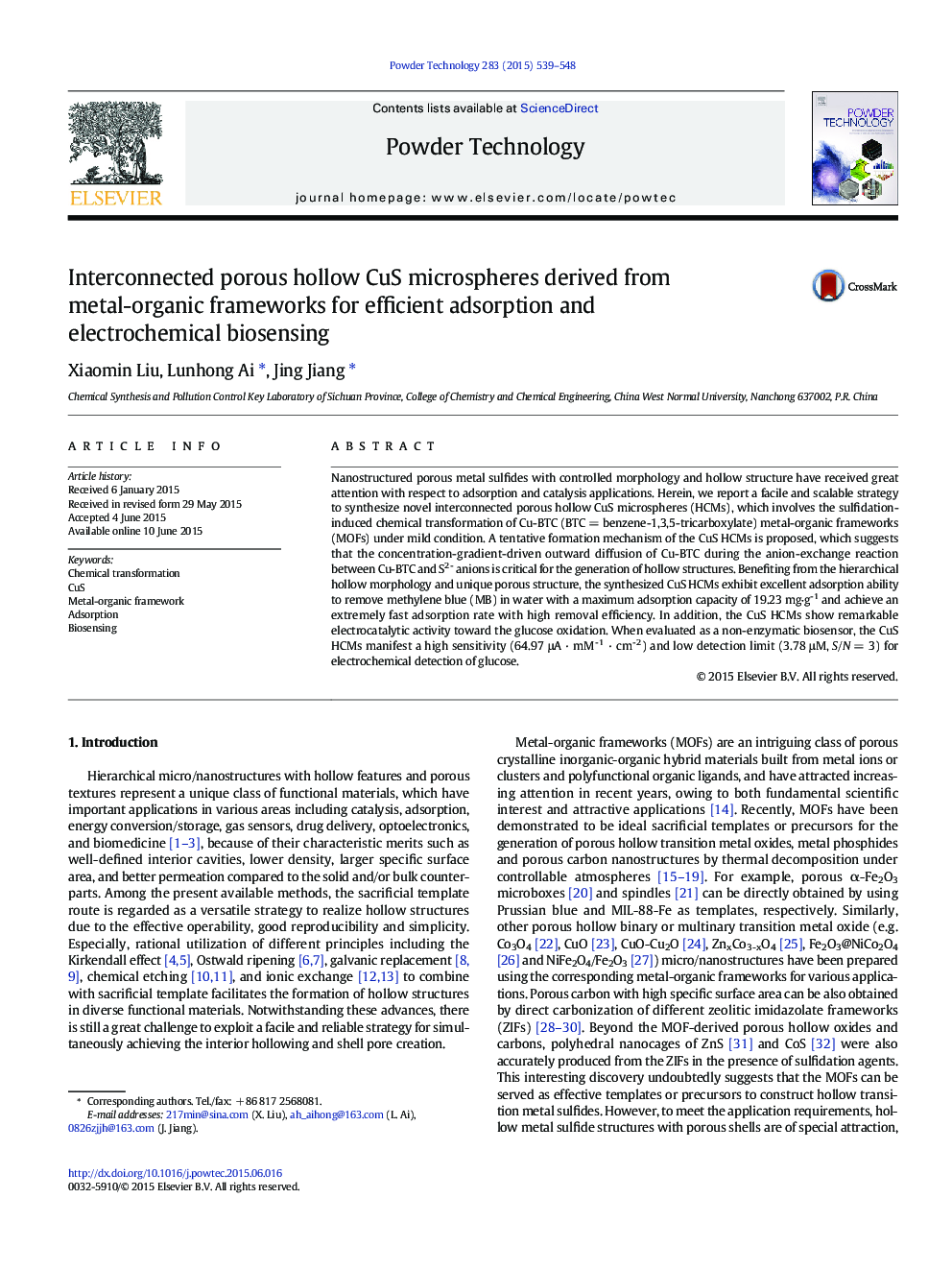 Interconnected porous hollow CuS microspheres derived from metal-organic frameworks for efficient adsorption and electrochemical biosensing