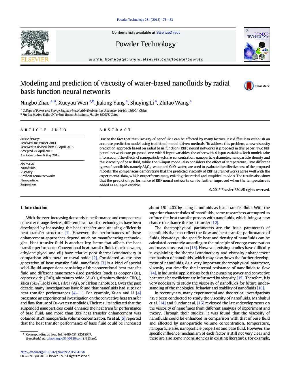 Modeling and prediction of viscosity of water-based nanofluids by radial basis function neural networks