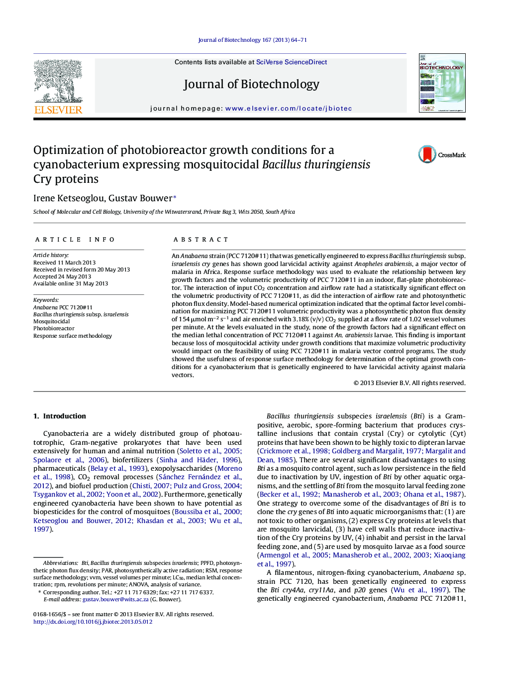 Optimization of photobioreactor growth conditions for a cyanobacterium expressing mosquitocidal Bacillus thuringiensis Cry proteins