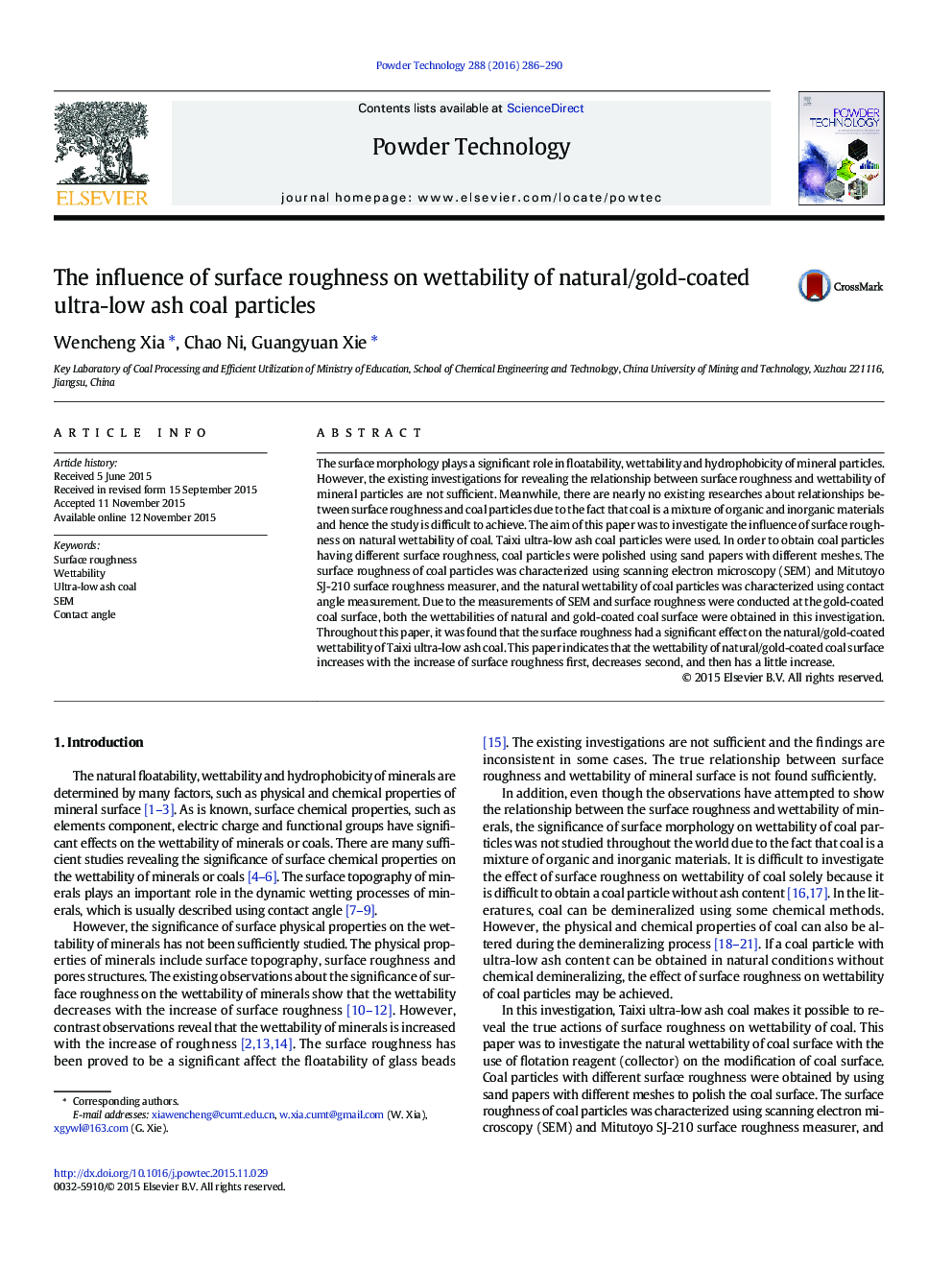 The influence of surface roughness on wettability of natural/gold-coated ultra-low ash coal particles