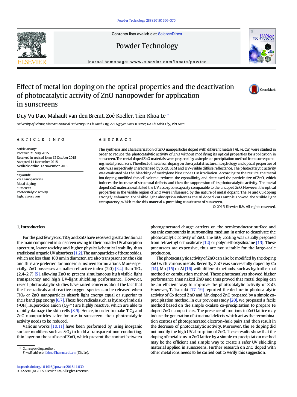 Effect of metal ion doping on the optical properties and the deactivation of photocatalytic activity of ZnO nanopowder for application in sunscreens