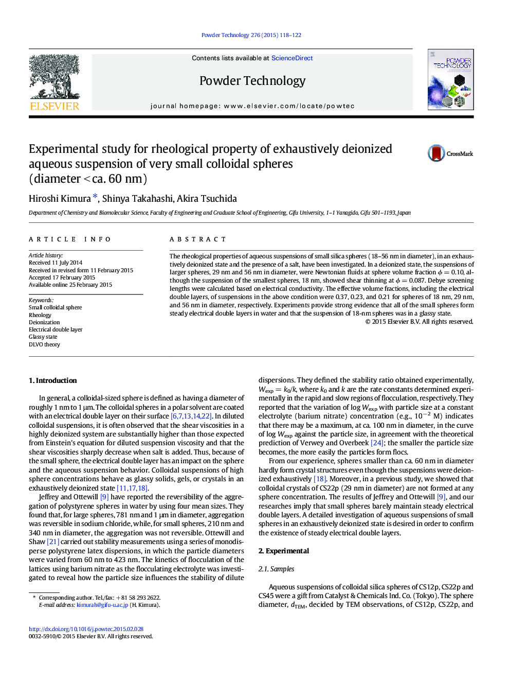 Experimental study for rheological property of exhaustively deionized aqueous suspension of very small colloidal spheres (diameter < ca. 60 nm)