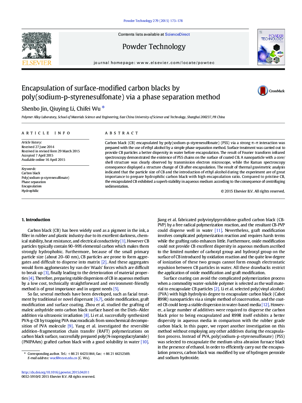 Encapsulation of surface-modified carbon blacks by poly(sodium-p-styrenesulfonate) via a phase separation method