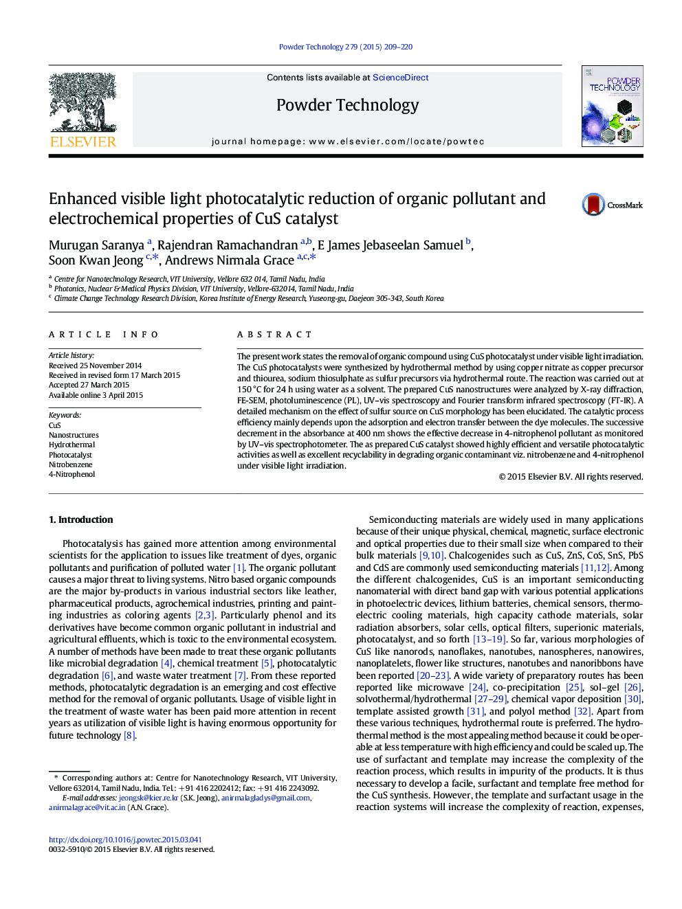 Enhanced visible light photocatalytic reduction of organic pollutant and electrochemical properties of CuS catalyst