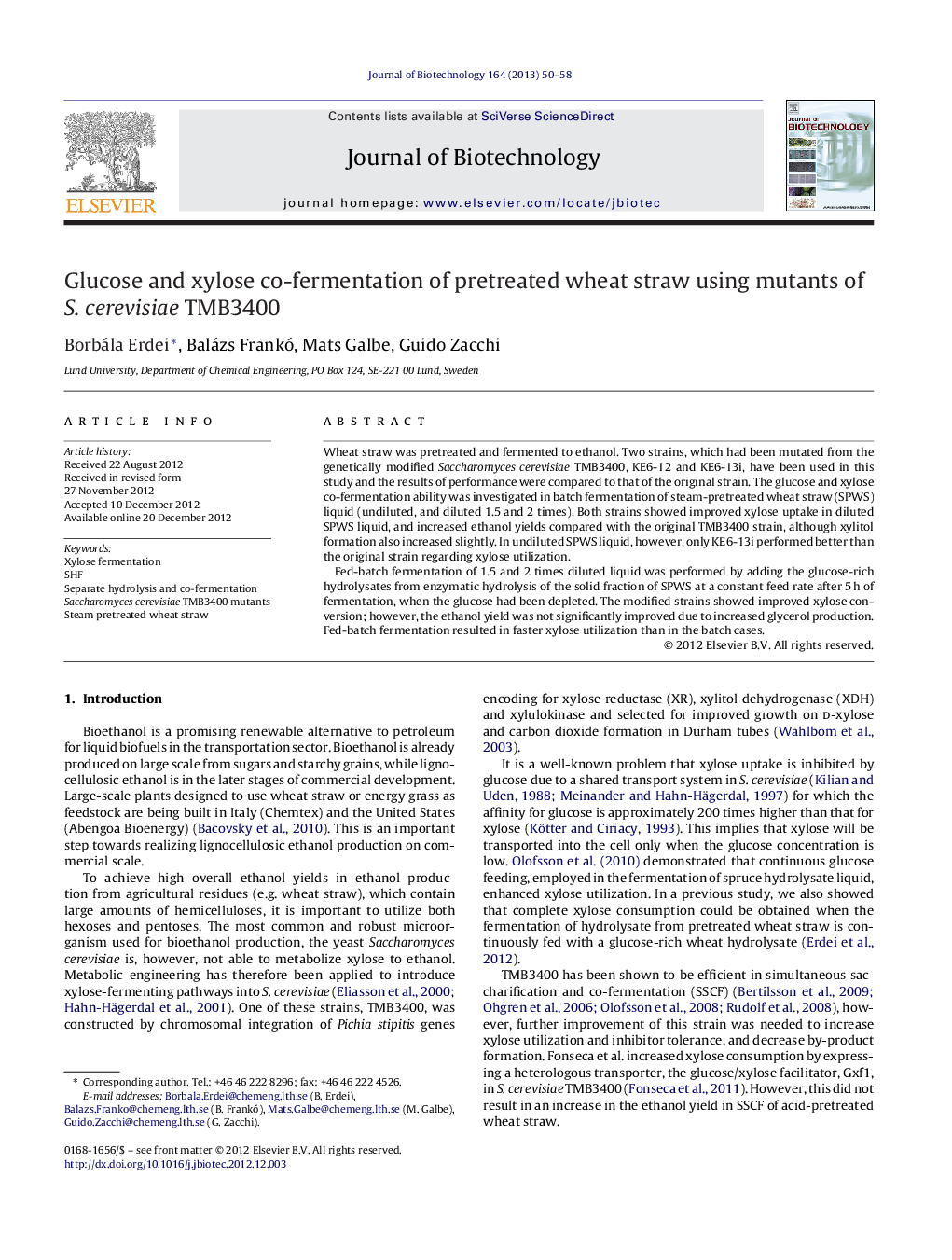 Glucose and xylose co-fermentation of pretreated wheat straw using mutants of S. cerevisiae TMB3400