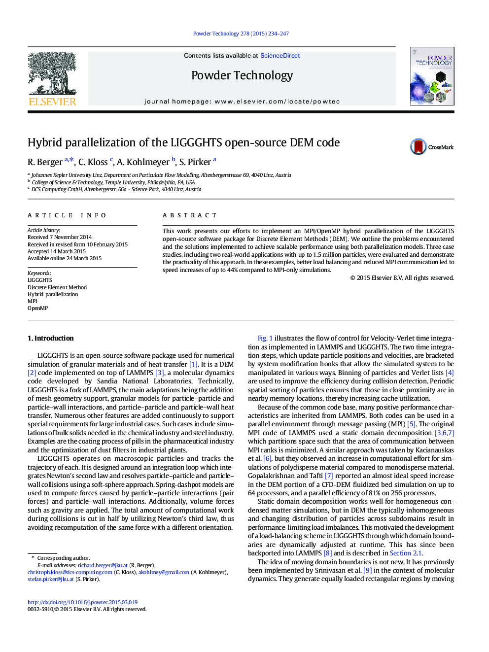 Hybrid parallelization of the LIGGGHTS open-source DEM code