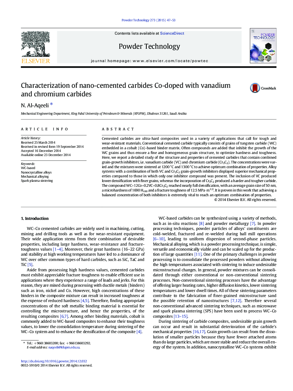 Characterization of nano-cemented carbides Co-doped with vanadium and chromium carbides