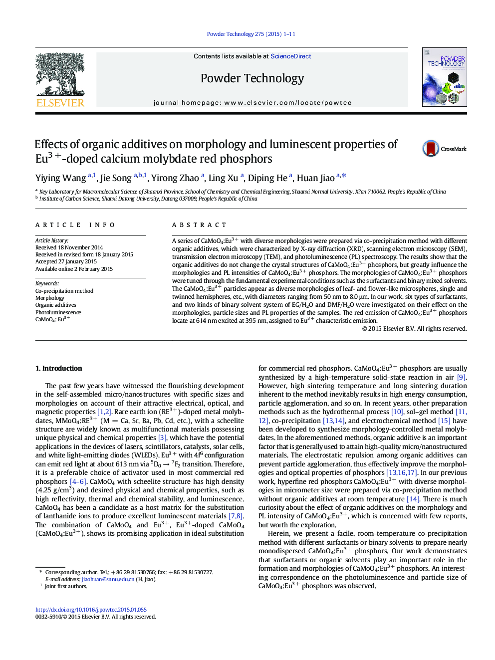 Effects of organic additives on morphology and luminescent properties of Eu3 +-doped calcium molybdate red phosphors