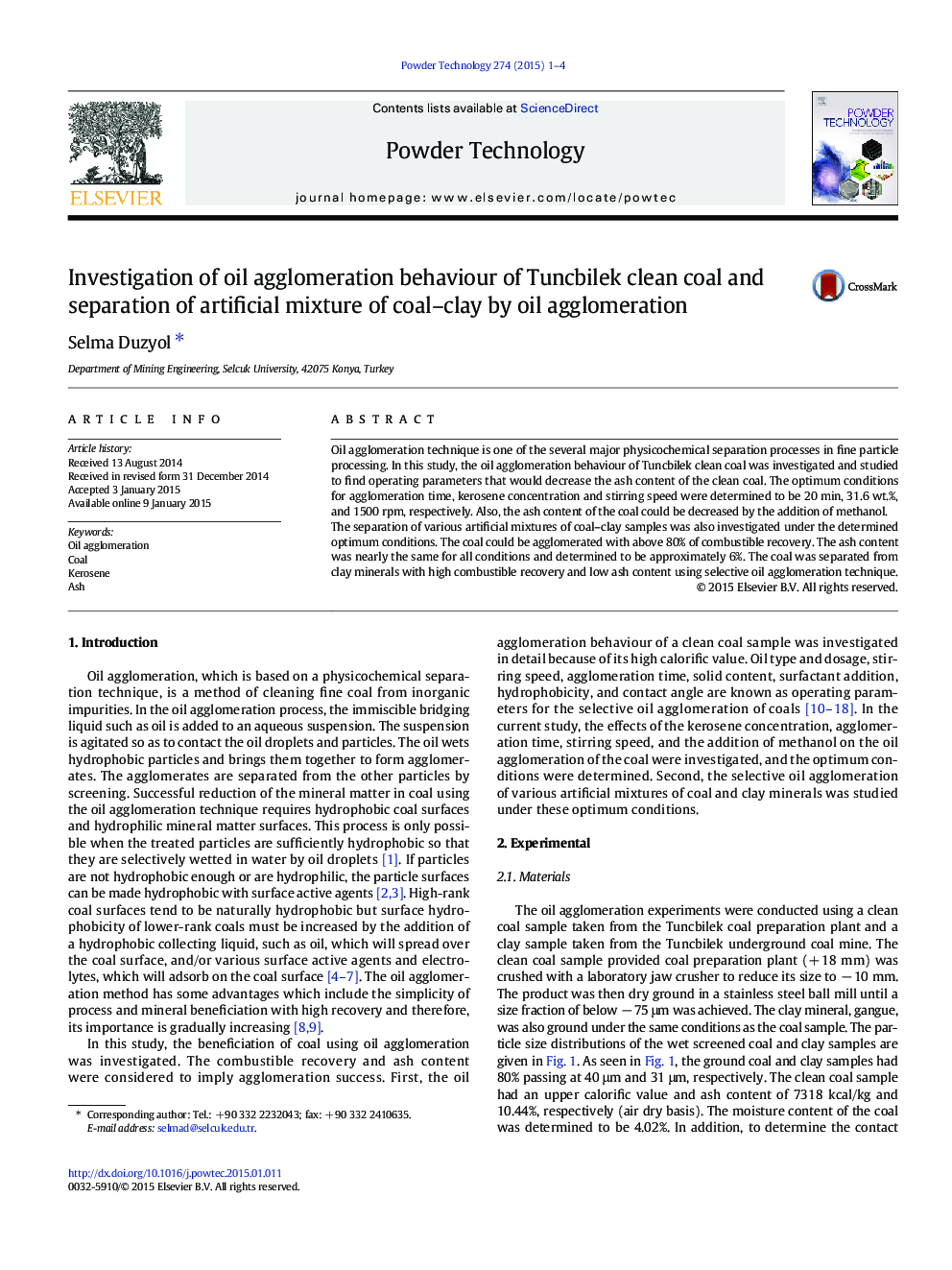 Investigation of oil agglomeration behaviour of Tuncbilek clean coal and separation of artificial mixture of coal–clay by oil agglomeration