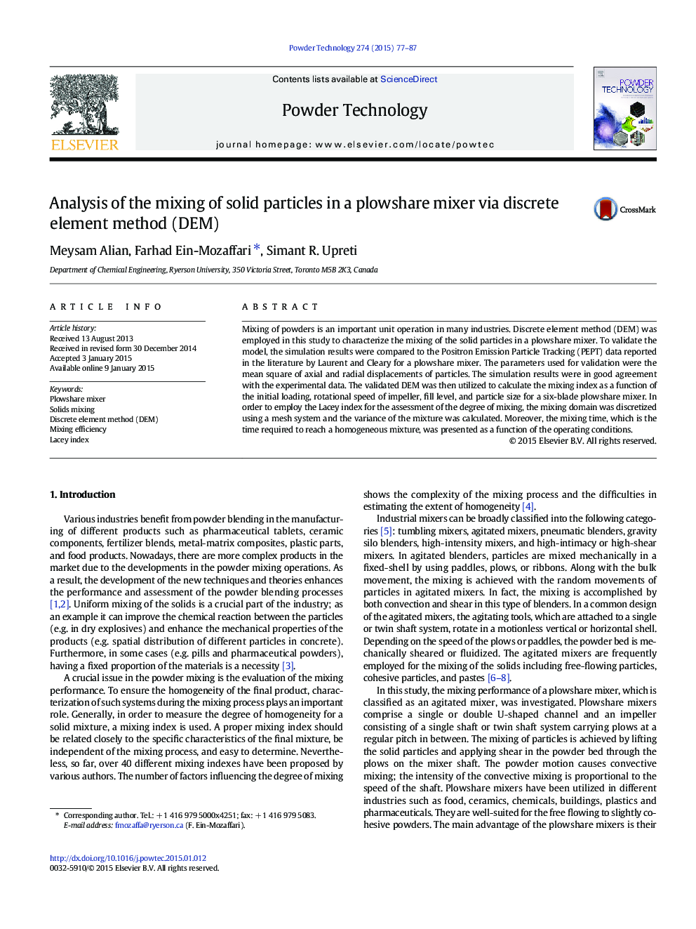 Analysis of the mixing of solid particles in a plowshare mixer via discrete element method (DEM)