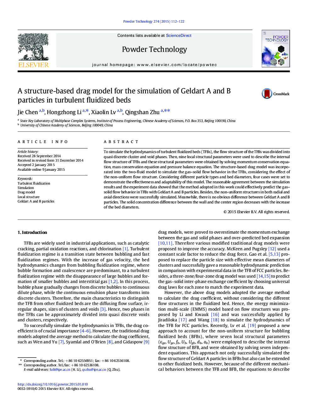 A structure-based drag model for the simulation of Geldart A and B particles in turbulent fluidized beds