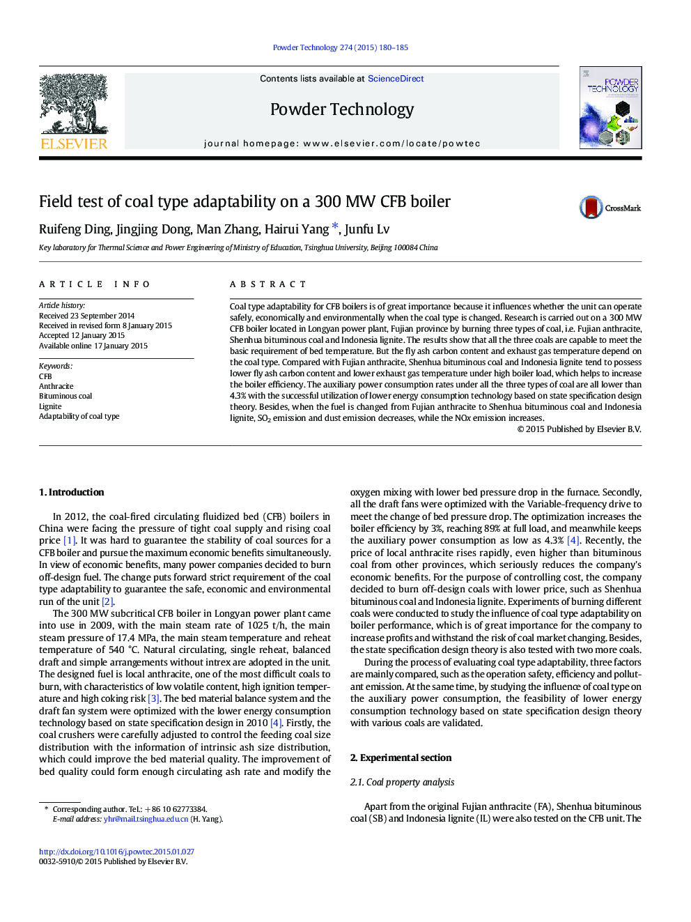 عکس صفحه اول مقاله: Field test of coal type adaptability on a 300 MW CFB boiler Field test of coal type adaptability on a 300 MW CFB boiler