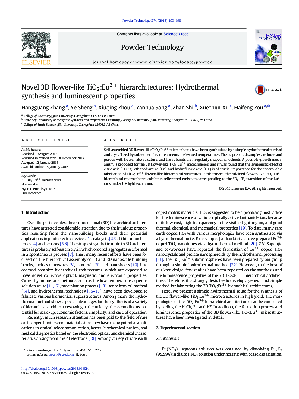 Novel 3D flower-like TiO2:Eu3 + hierarchitectures: Hydrothermal synthesis and luminescent properties