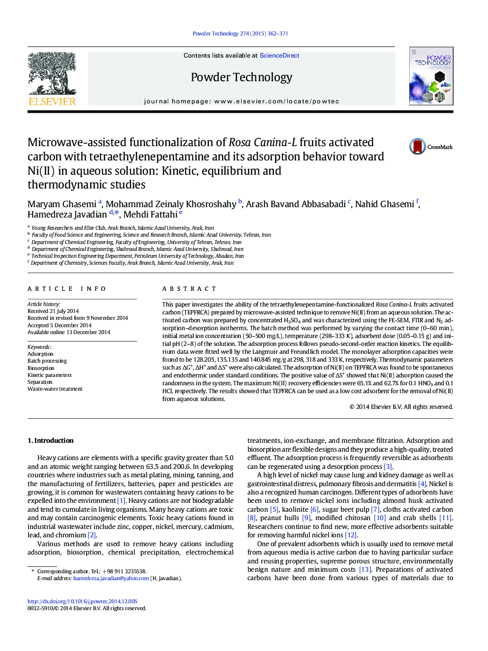 Microwave-assisted functionalization of Rosa Canina-L fruits activated carbon with tetraethylenepentamine and its adsorption behavior toward Ni(II) in aqueous solution: Kinetic, equilibrium and thermodynamic studies