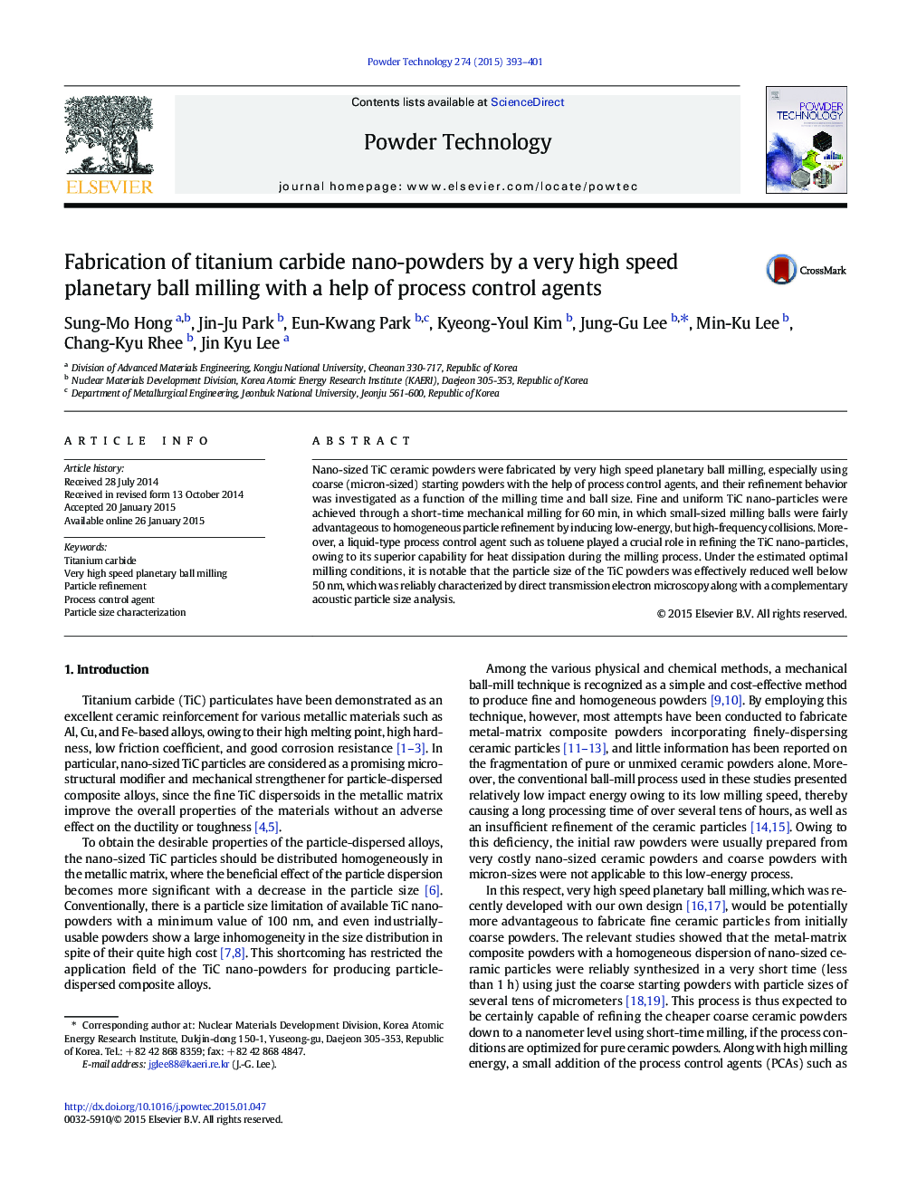 Fabrication of titanium carbide nano-powders by a very high speed planetary ball milling with a help of process control agents