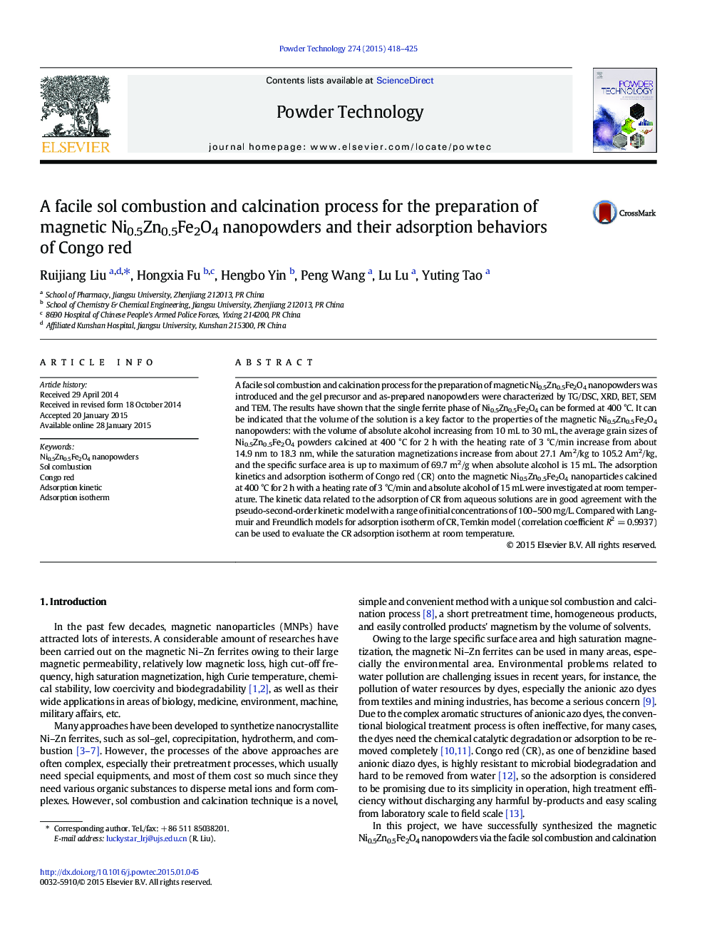 A facile sol combustion and calcination process for the preparation of magnetic Ni0.5Zn0.5Fe2O4 nanopowders and their adsorption behaviors of Congo red