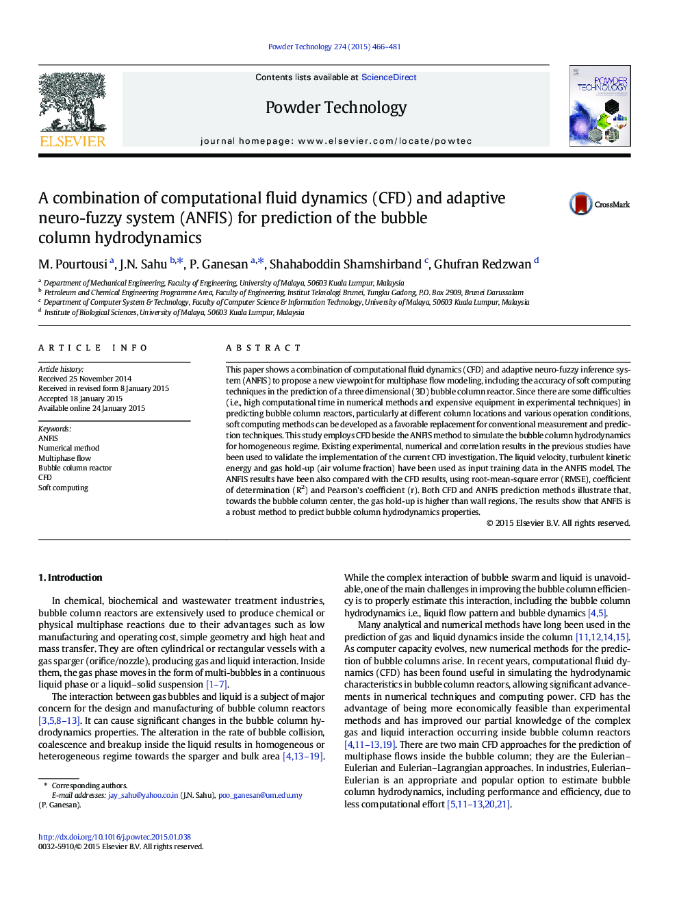 A combination of computational fluid dynamics (CFD) and adaptive neuro-fuzzy system (ANFIS) for prediction of the bubble column hydrodynamics