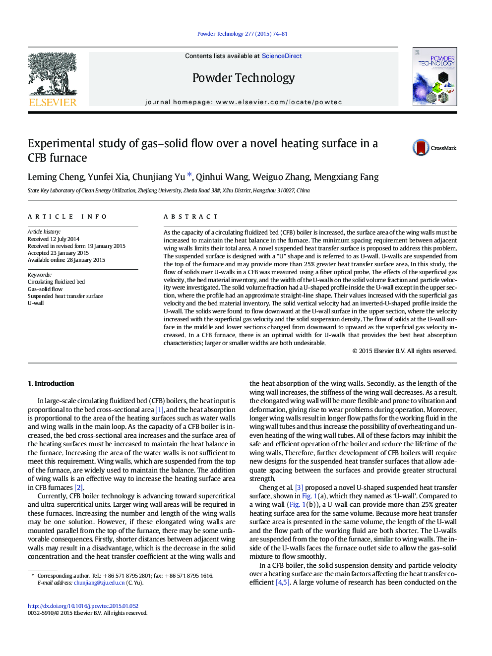 Experimental study of gas–solid flow over a novel heating surface in a CFB furnace