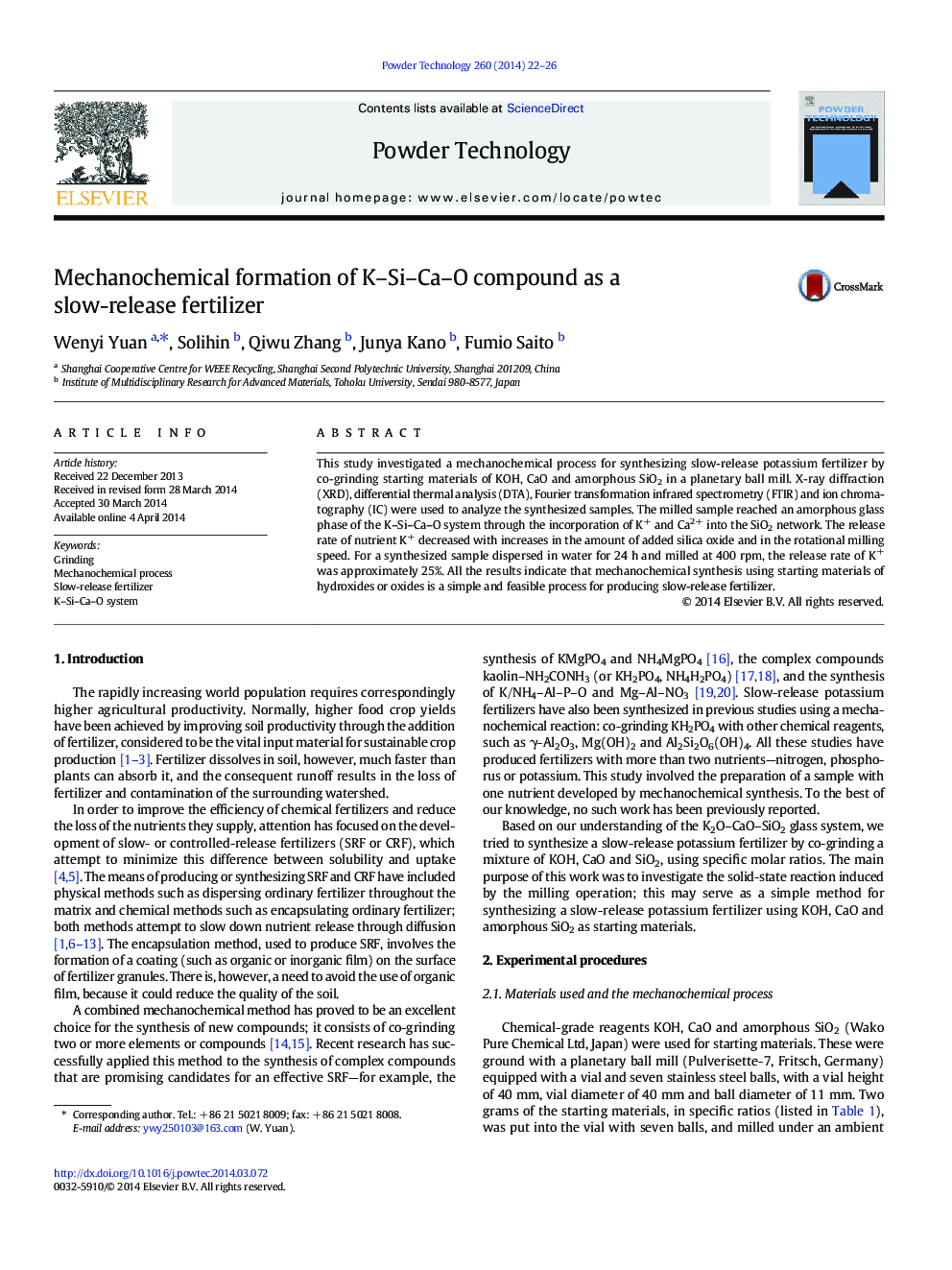 Mechanochemical formation of K–Si–Ca–O compound as a slow-release fertilizer