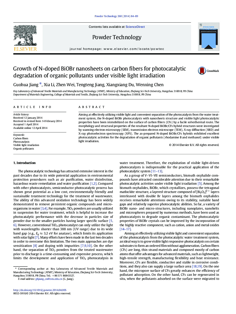 Growth of N-doped BiOBr nanosheets on carbon fibers for photocatalytic degradation of organic pollutants under visible light irradiation