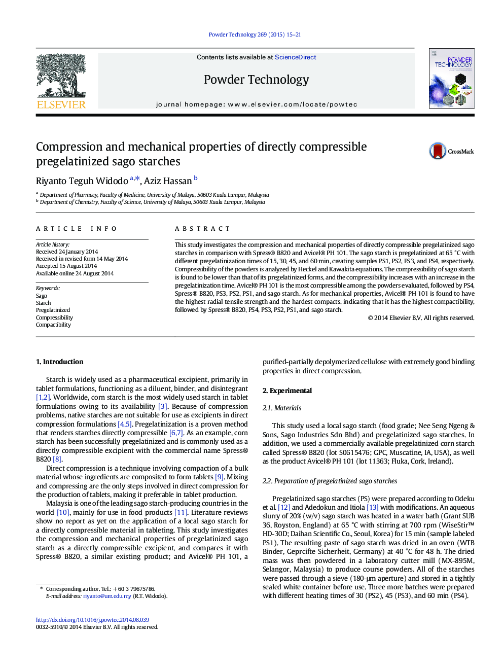 Compression and mechanical properties of directly compressible pregelatinized sago starches