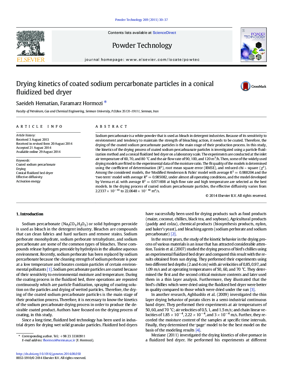 Drying kinetics of coated sodium percarbonate particles in a conical fluidized bed dryer