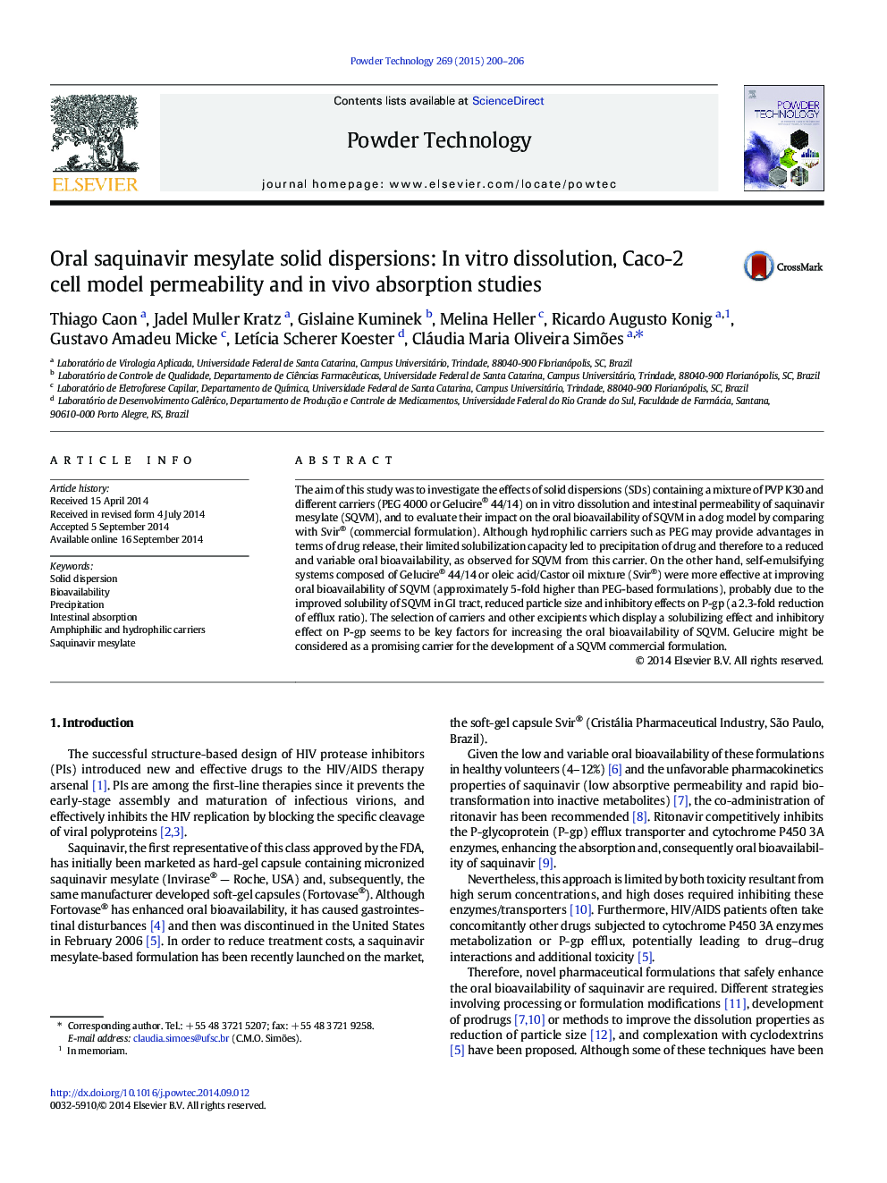 Oral saquinavir mesylate solid dispersions: In vitro dissolution, Caco-2 cell model permeability and in vivo absorption studies