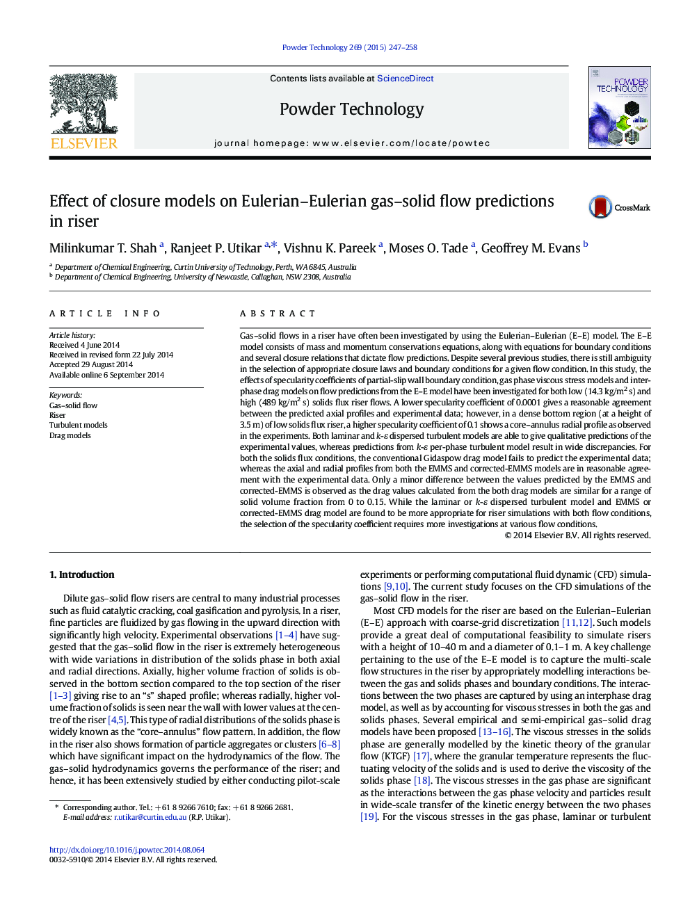 Effect of closure models on Eulerian–Eulerian gas–solid flow predictions in riser