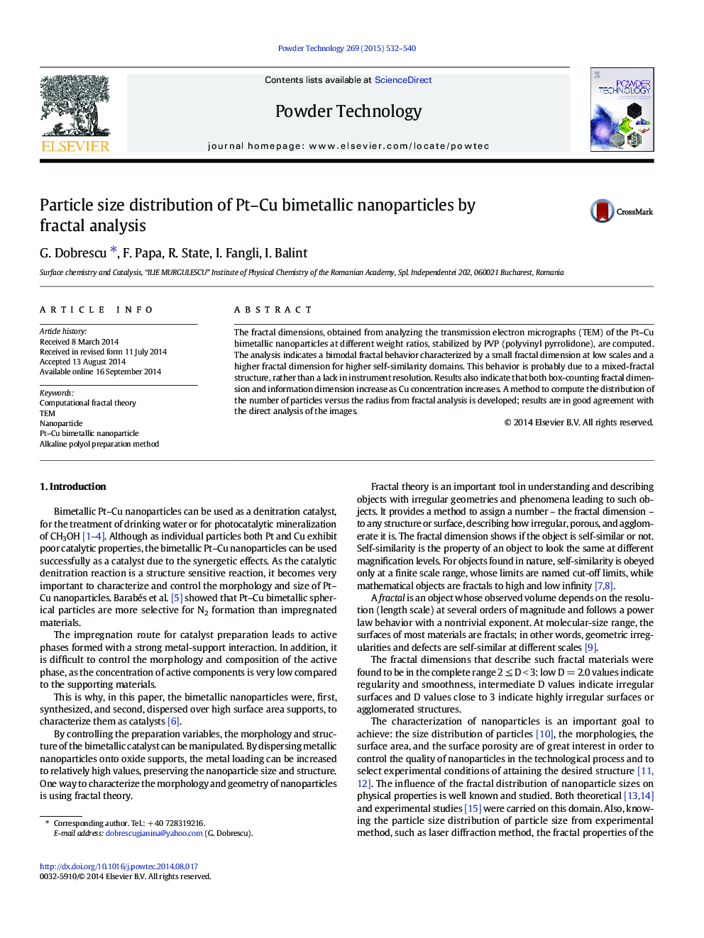 Particle size distribution of Pt–Cu bimetallic nanoparticles by fractal analysis