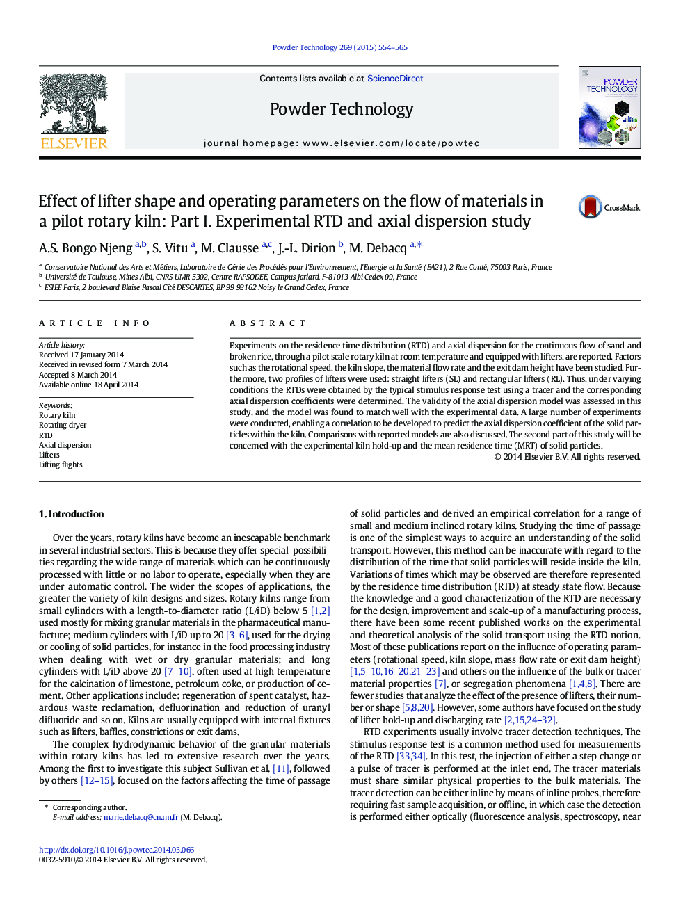 Effect of lifter shape and operating parameters on the flow of materials in a pilot rotary kiln: Part I. Experimental RTD and axial dispersion study