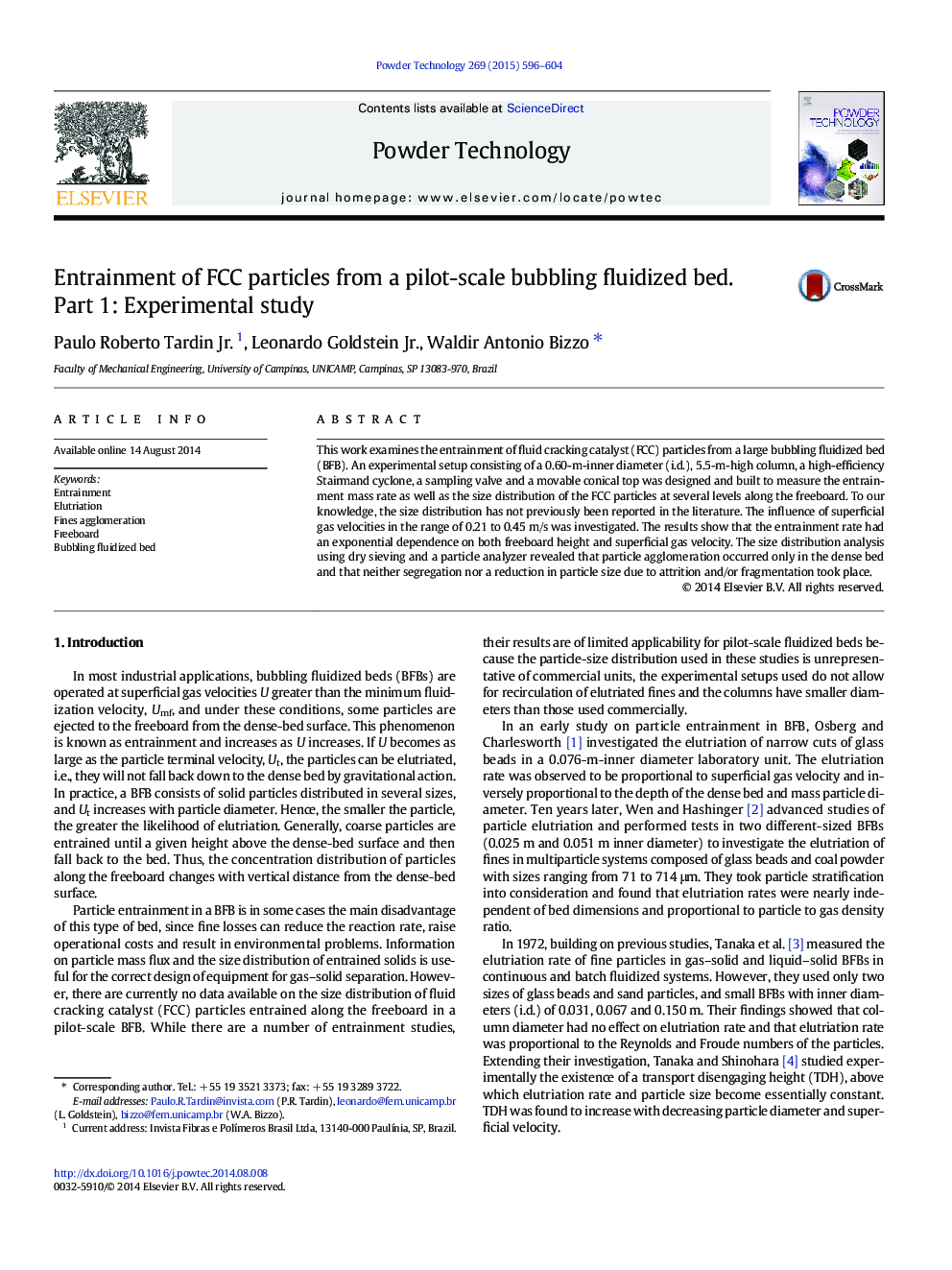 Entrainment of FCC particles from a pilot-scale bubbling fluidized bed. Part 1: Experimental study