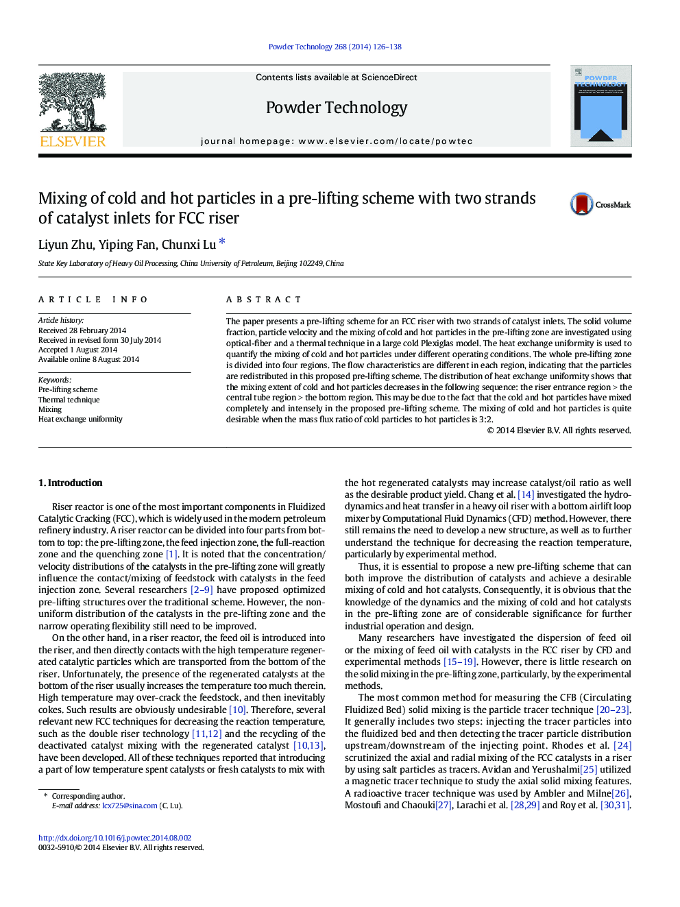 عکس صفحه اول مقاله: Mixing of cold and hot particles in a pre-lifting scheme with two strands of catalyst inlets for FCC riser Mixing of cold and hot particles in a pre-lifting scheme with two strands of catalyst inlets for FCC riser
