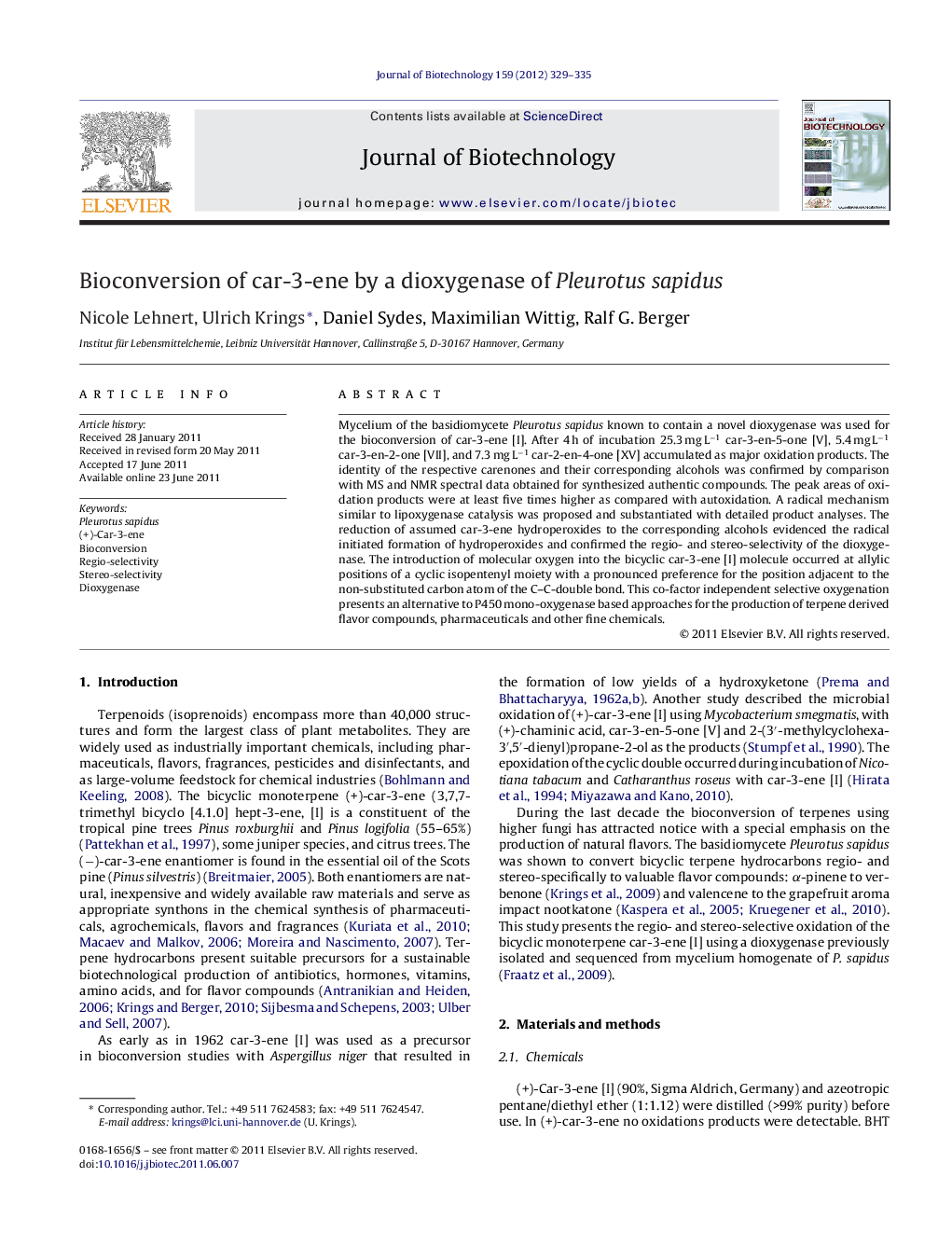 Bioconversion of car-3-ene by a dioxygenase of Pleurotus sapidus