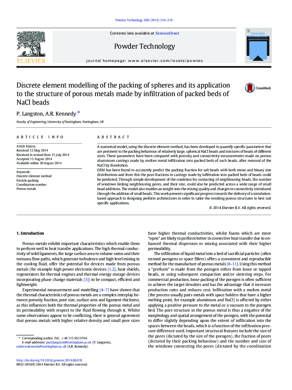 Discrete element modelling of the packing of spheres and its application to the structure of porous metals made by infiltration of packed beds of NaCl beads