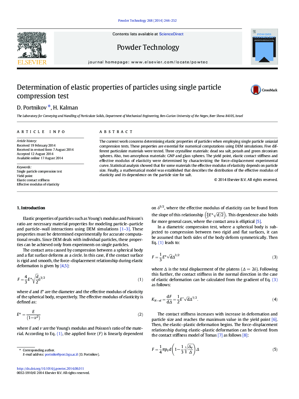 Determination of elastic properties of particles using single particle compression test