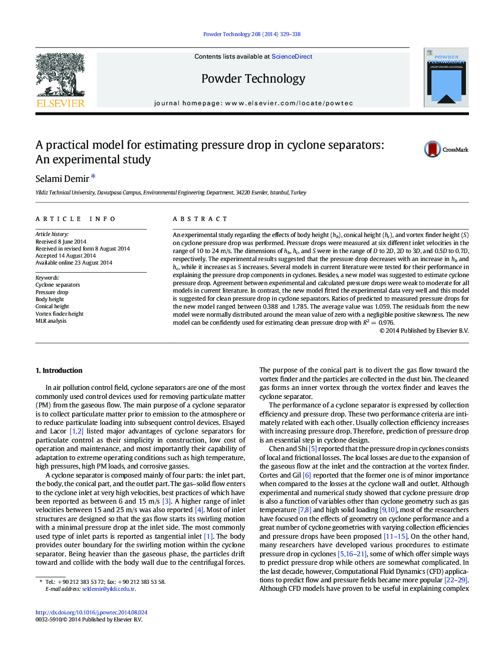 A practical model for estimating pressure drop in cyclone separators: An experimental study