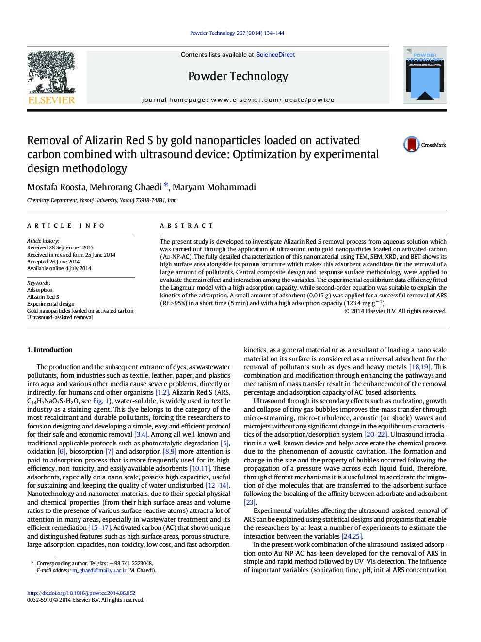 Removal of Alizarin Red S by gold nanoparticles loaded on activated carbon combined with ultrasound device: Optimization by experimental design methodology