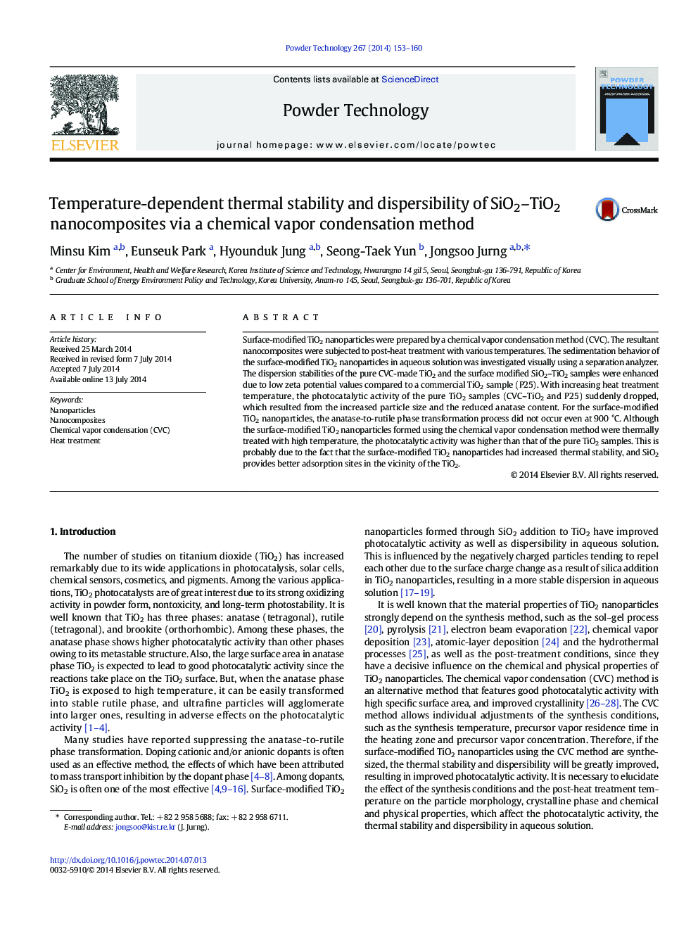 Temperature-dependent thermal stability and dispersibility of SiO2–TiO2 nanocomposites via a chemical vapor condensation method
