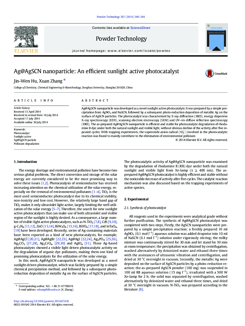 Ag@AgSCN nanoparticle: An efficient sunlight active photocatalyst