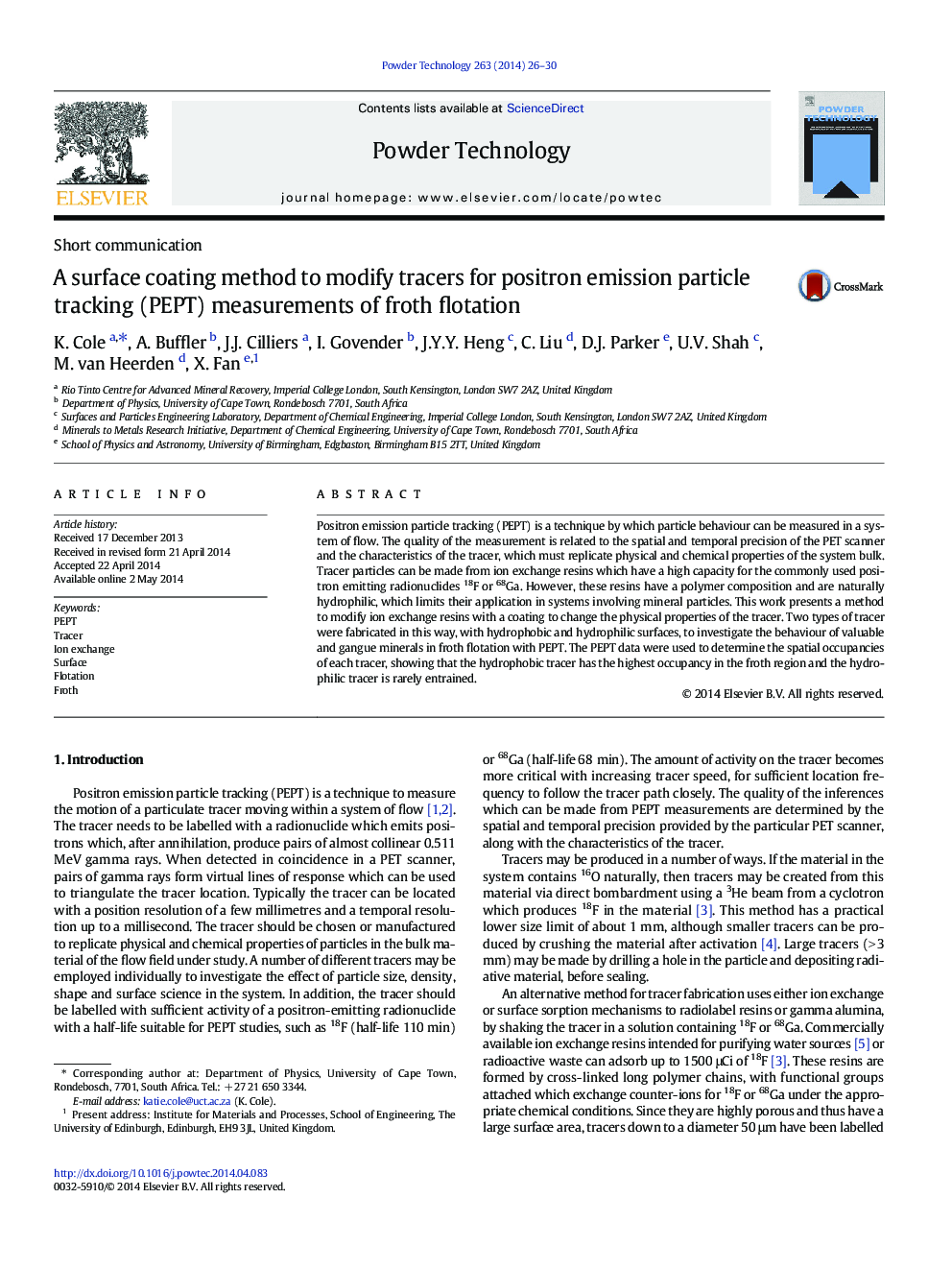 A surface coating method to modify tracers for positron emission particle tracking (PEPT) measurements of froth flotation