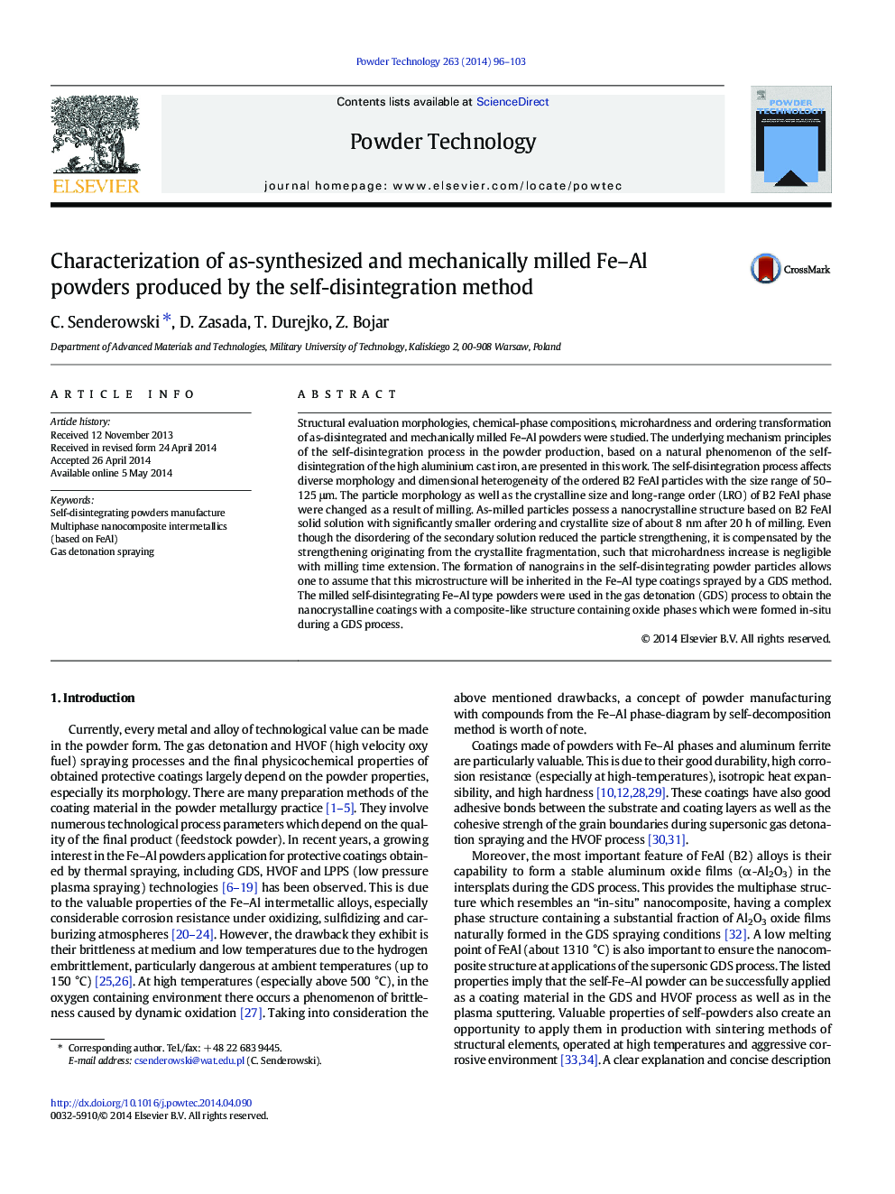 عکس صفحه اول مقاله: Characterization of as-synthesized and mechanically milled Fe–Al powders produced by the self-disintegration method Characterization of as-synthesized and mechanically milled Fe–Al powders produced by the self-disintegration method