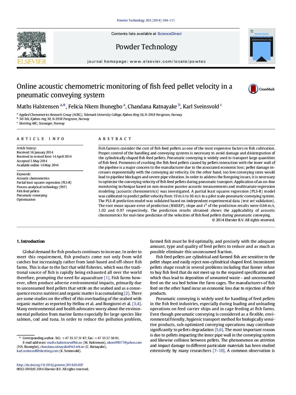 Online acoustic chemometric monitoring of fish feed pellet velocity in a pneumatic conveying system