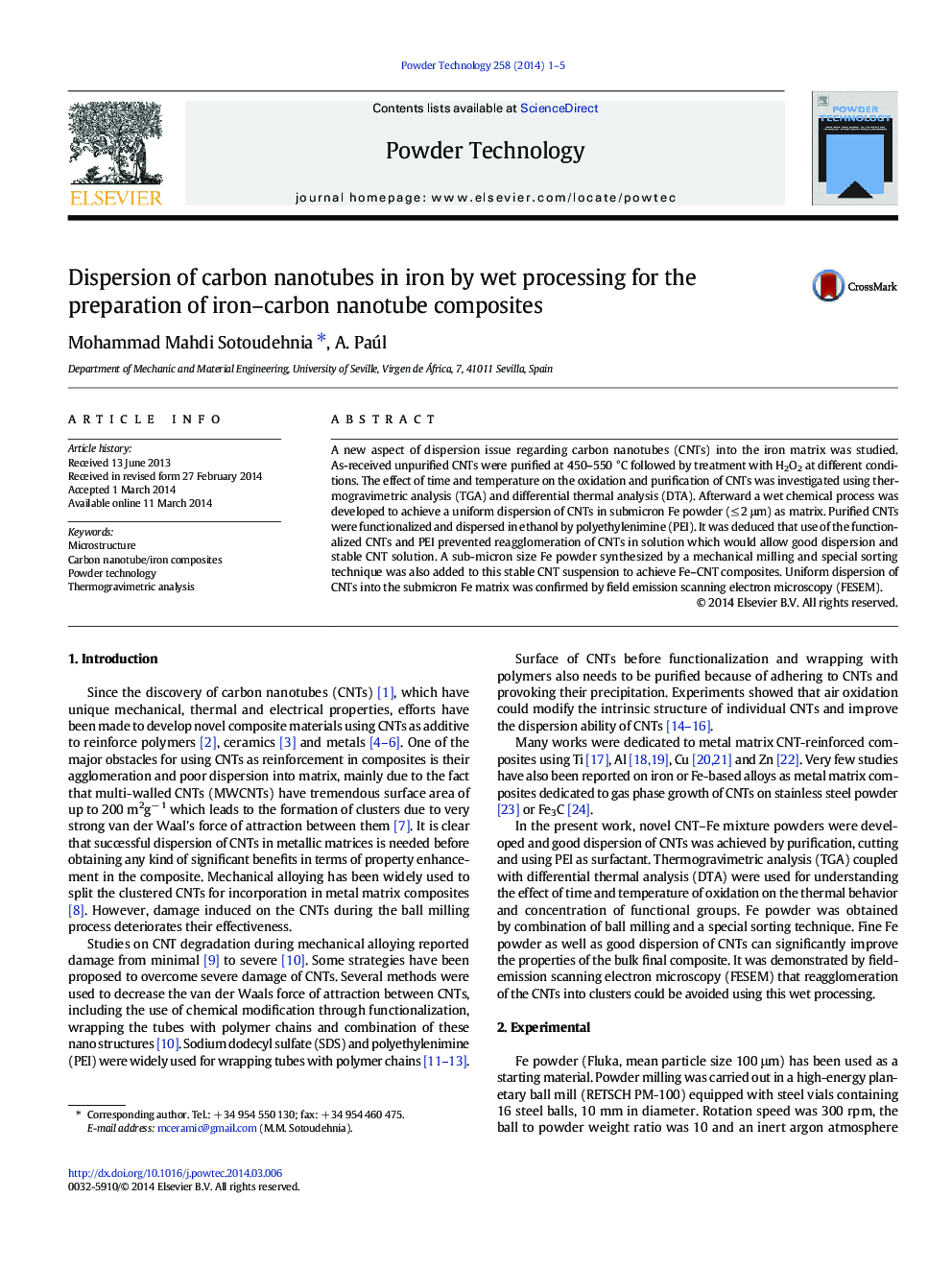 Dispersion of carbon nanotubes in iron by wet processing for the preparation of iron–carbon nanotube composites