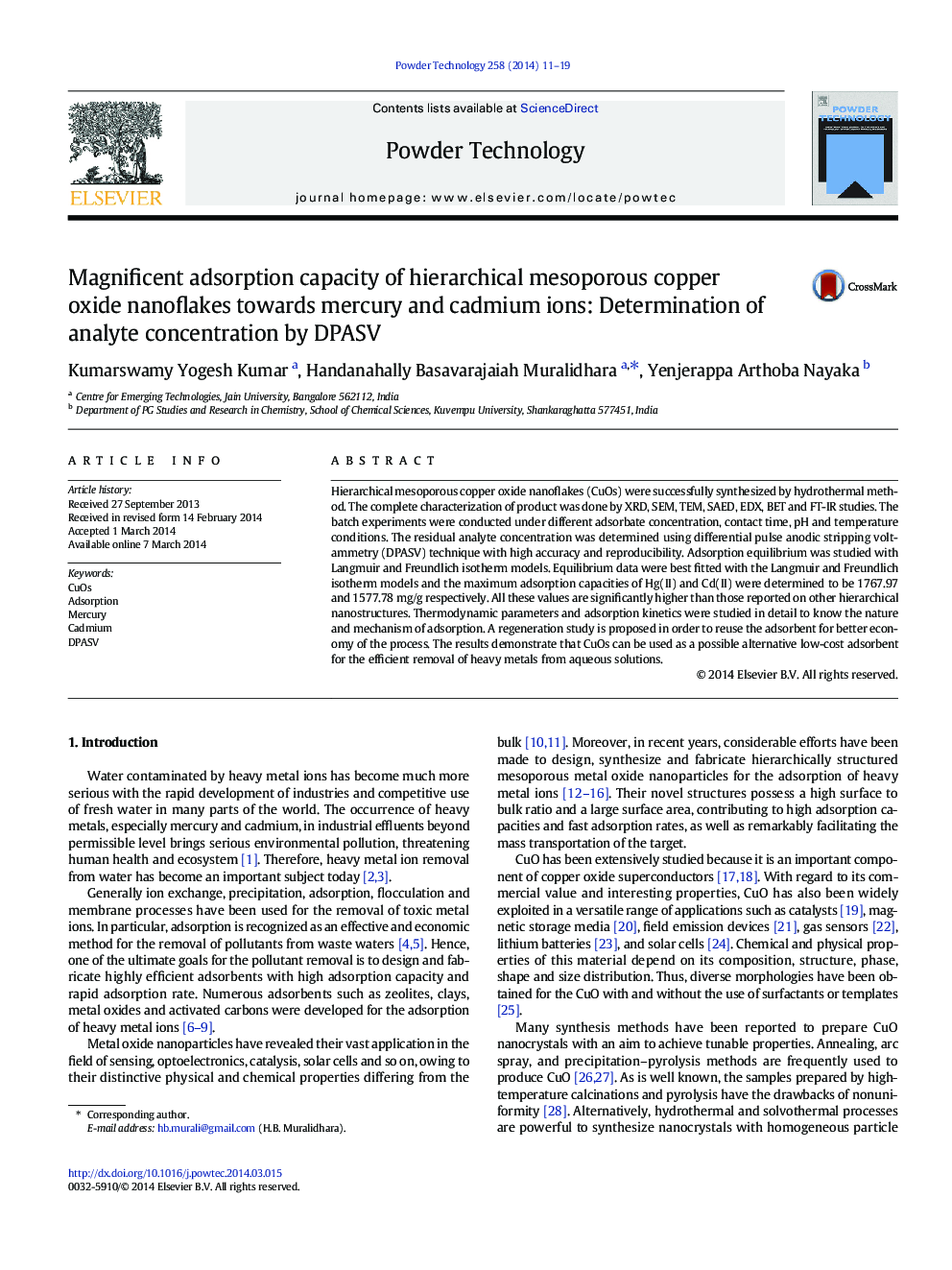 Magnificent adsorption capacity of hierarchical mesoporous copper oxide nanoflakes towards mercury and cadmium ions: Determination of analyte concentration by DPASV