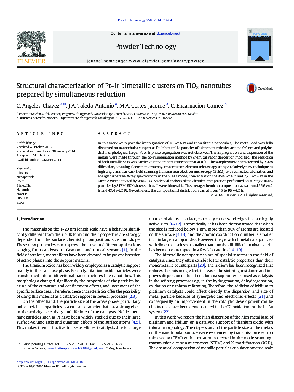 Structural characterization of Pt–Ir bimetallic clusters on TiO2 nanotubes prepared by simultaneous reduction