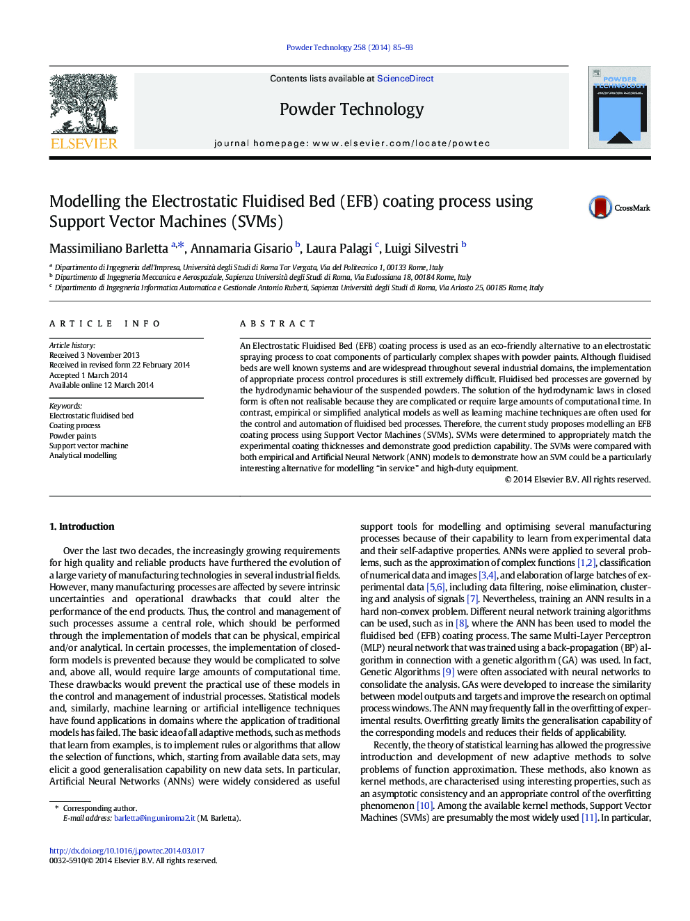 Modelling the Electrostatic Fluidised Bed (EFB) coating process using Support Vector Machines (SVMs)