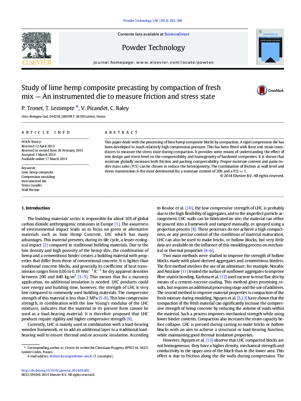 Study of lime hemp composite precasting by compaction of fresh mix — An instrumented die to measure friction and stress state